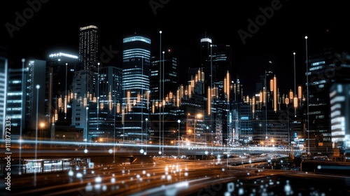 Digital artwork showcases stock market charts with abstract shapes and a vibrant cityscape background glowing in warm tones at night