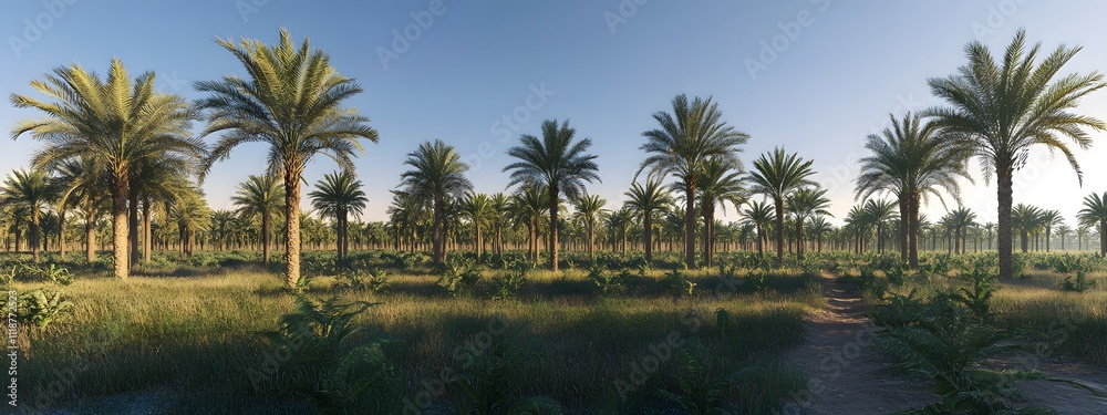 A photograph of a date palm farm in the Sahara desert, showing rows and rows of tall date palms with green leaves A photograph of a date palm farm in the Sahara desert, showing rows and rows of tall date palms with green leaves
