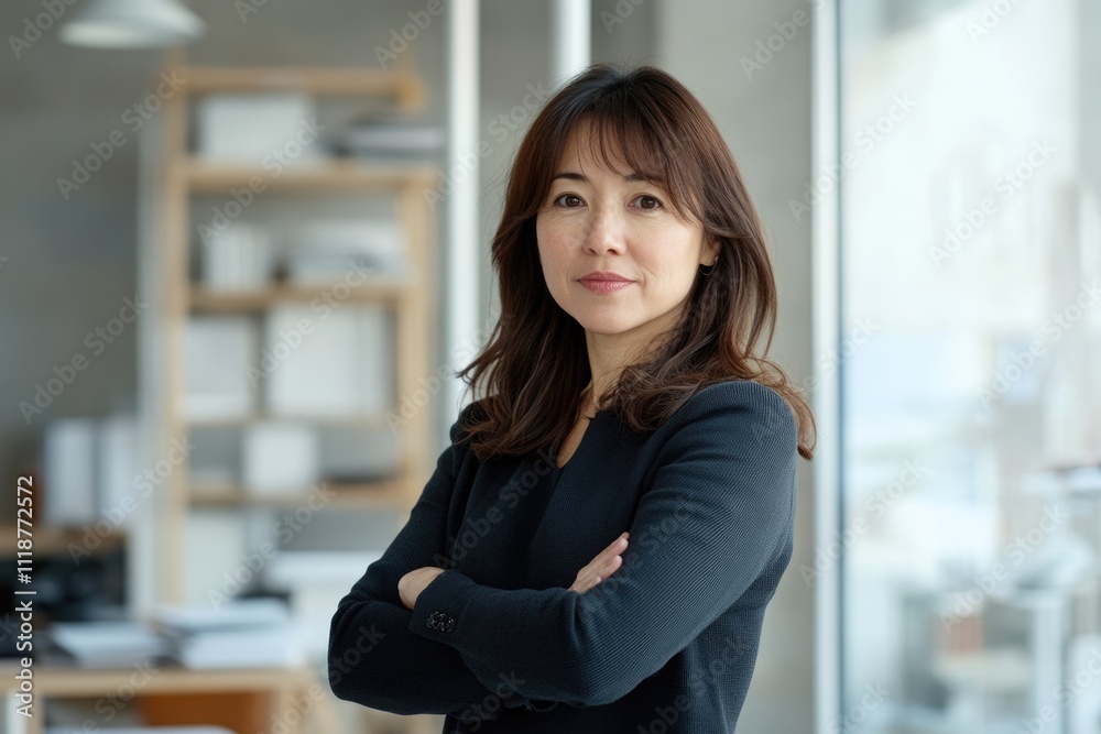 Confident Woman Entrepreneur in Office: A Striking Portrait of a Businesswoman with Arms Crossed Confident Woman Entrepreneur in Office: A Striking Portrait of a Businesswoman with Arms Crossed