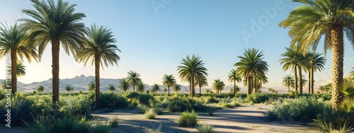 A photograph of a date palm farm in the Sahara desert, showing rows and rows of tall date palms with green leaves