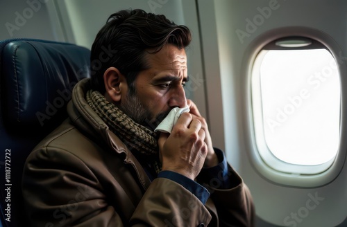 Sick Passenger on a Plane Using a Tissue During Flight photo