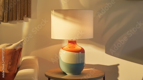 Vibrant table lamp with a cream shade and a colorful, ceramic base in an orange, coral, and light blue design, casting warm light in a cozy living room setting.