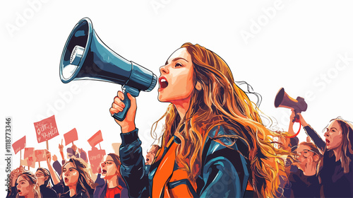 Empowered student girl protesting with slogans through loudspeaker