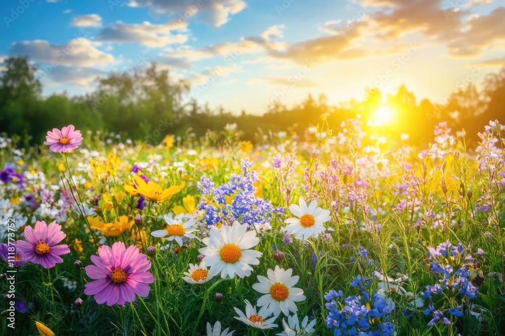 Obraz premium Stunning Wildflowers in a Lush Green Meadow during a Tranquil Summer Evening