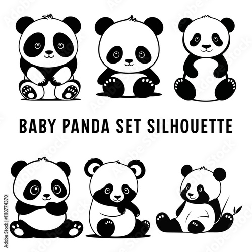 A set of Baby panda vector silhouettes isolated on a white background vector illustration.