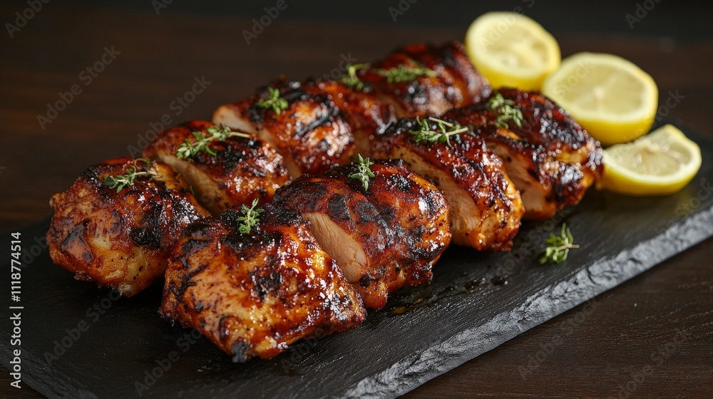 Grilled chicken thighs glazed with sauce, garnished with herbs and lemon slices. Grilled chicken thighs glazed with sauce, garnished with herbs and lemon slices.