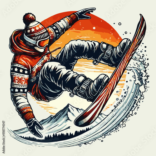 A snowboarder performs tricks in snowy mountains against the background of the sun. Vector illustration of EPS 10.