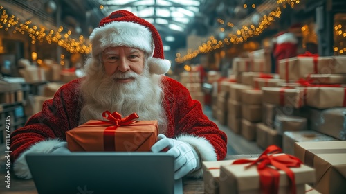 Santa Claus at his desk with a laptop, surrounded by Christmas gifts on warehouse shelves. Smiling, he appears ready for the holiday season. Perfect for online shopping or logistics concepts.