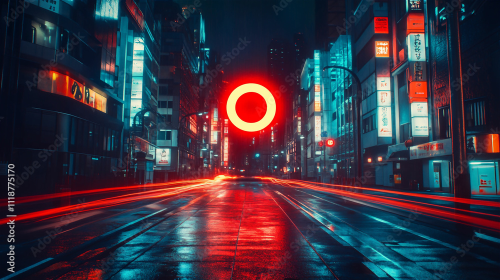 Fototapeta premium 真夜中の電気シーン:赤色ネオンの電力供給と視覚効果照明 generative ai