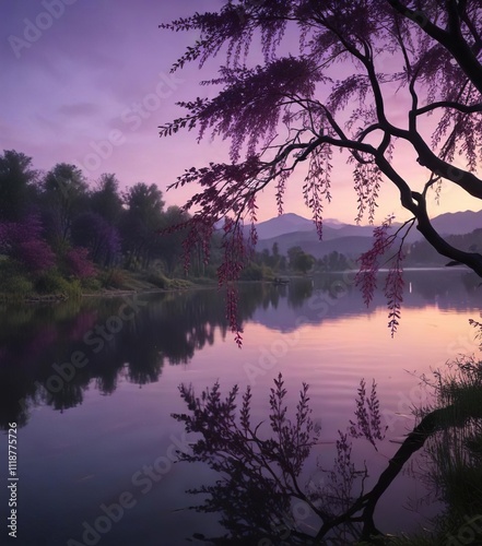 Lush purple willow branches hang over a serene lake at dusk , reflection, serene lake
