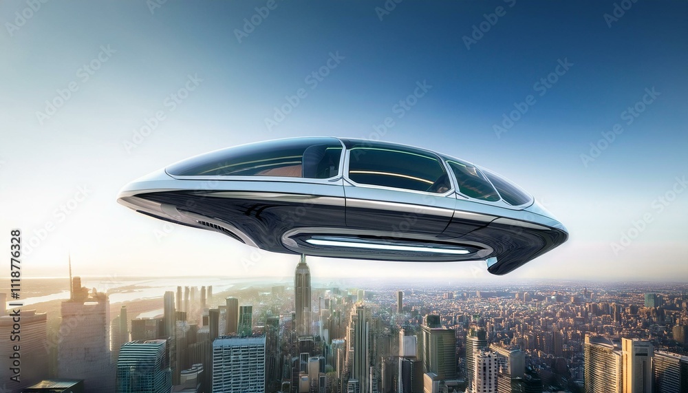 Futuristic flying vehicle soars above a city skyline. Futuristic flying vehicle soars above a city skyline.