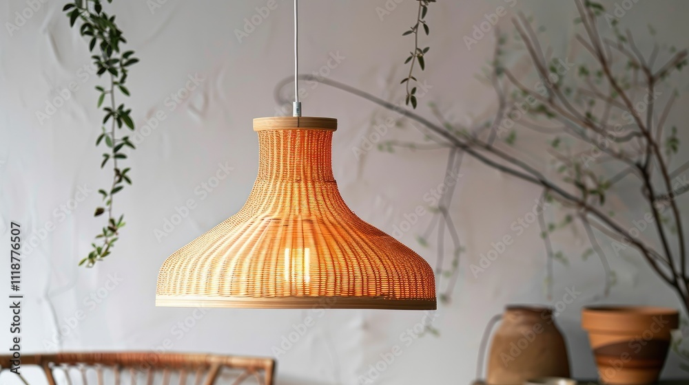 Wooden pendant lamp with warm light, hanging from a metal cord, surrounded by potted plants and a light beige background. Wooden pendant lamp with warm light, hanging from a metal cord, surrounded by potted plants and a light beige background.