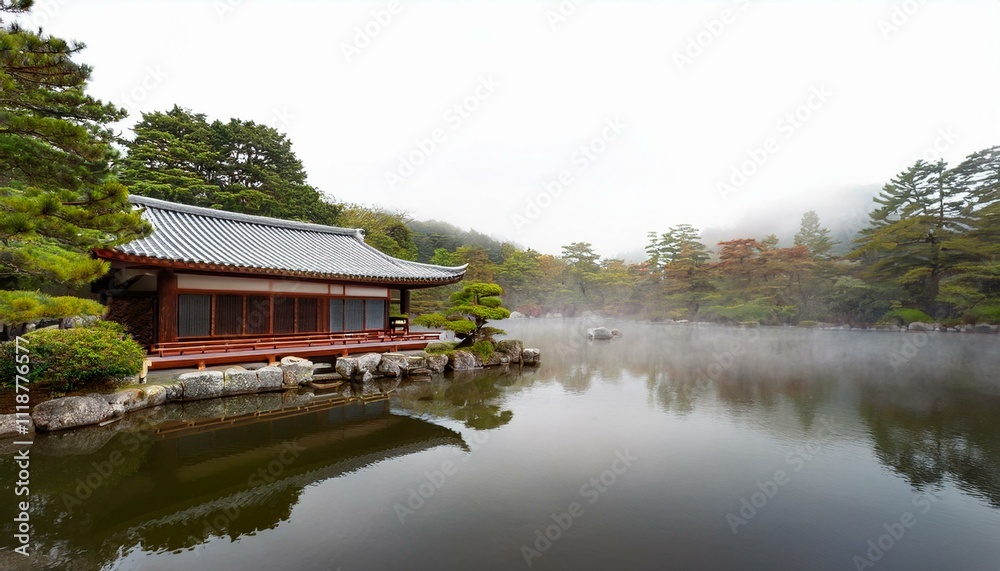 Serene misty morning at a traditional Japanese garden. A red and grey building sits on a tranquil pond. Serene misty morning at a traditional Japanese garden. A red and grey building sits on a tranquil pond.
