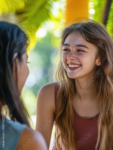 Girl speaking to friend in conversation, burts laughing out loud to friend joke. Real life authentic smile and spontaneous laugh photo