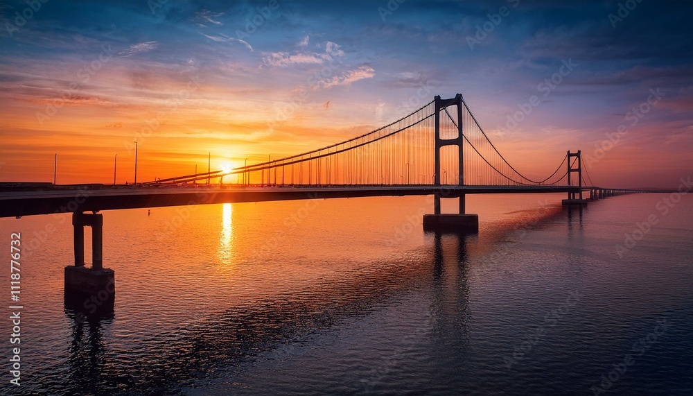 Sunset silhouette of a suspension bridge spanning a calm river. Sunset silhouette of a suspension bridge spanning a calm river.