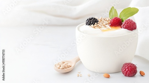 A Nordic breakfast bowl with skyr (Icelandic yogurt), topped with berries, nuts, seeds, and a drizzle of honey.
