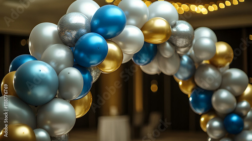 acercamiento de un arco de globos en colores frios plateado azul y dorado metalico y brillante para decoraciones de eventos o celebraciones photo