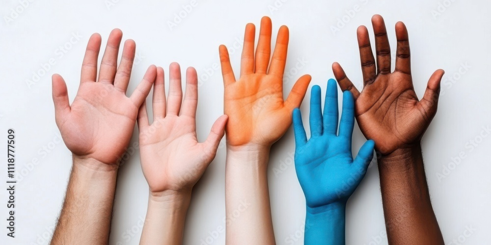 Fototapeta premium A lineup of diverse hands with vibrant colors reaching out, symbolizing unity, collaboration, and celebration of diversity in a creative and playful way.