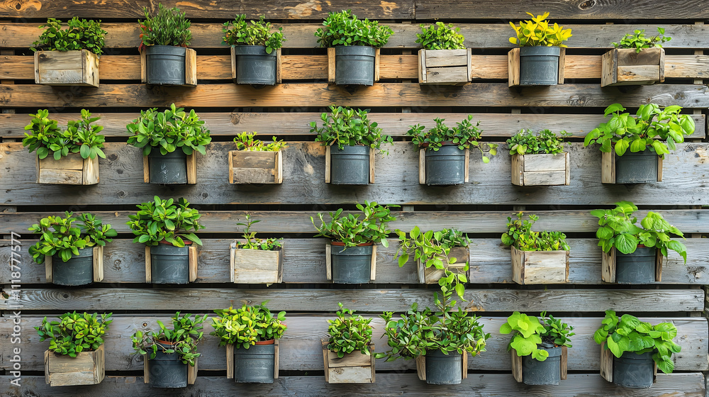 Fototapeta premium Handcrafted wooden shelves filled with small potted plants on a sunny balcony