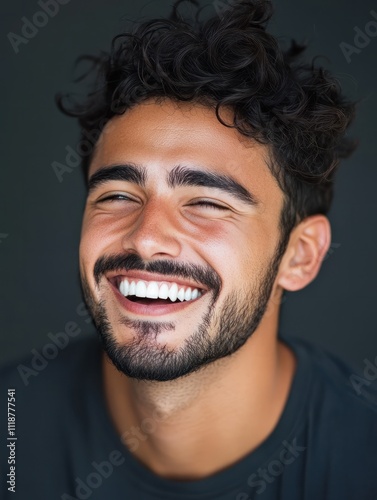 Happy hispanic man spontaneous smile and laugh