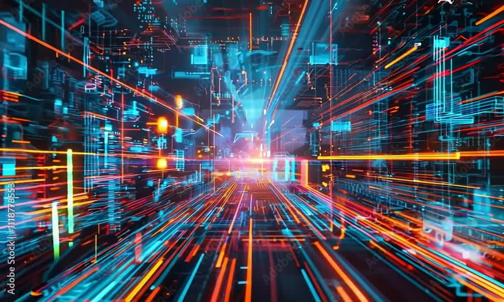A striking digital technology background featuring glowing lines and dynamic data streams in vibrant shades of blue, orange, and red