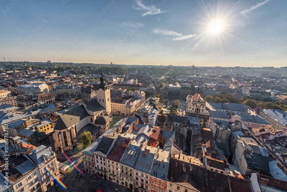 Obraz premium Lviv Downtown City Center, Aerial Cityscape. Golden Hour, Sunset Time. Ukraine
