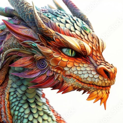 This close-up features a breathtaking dragon head, showcasing intricate designs and vibrant colors