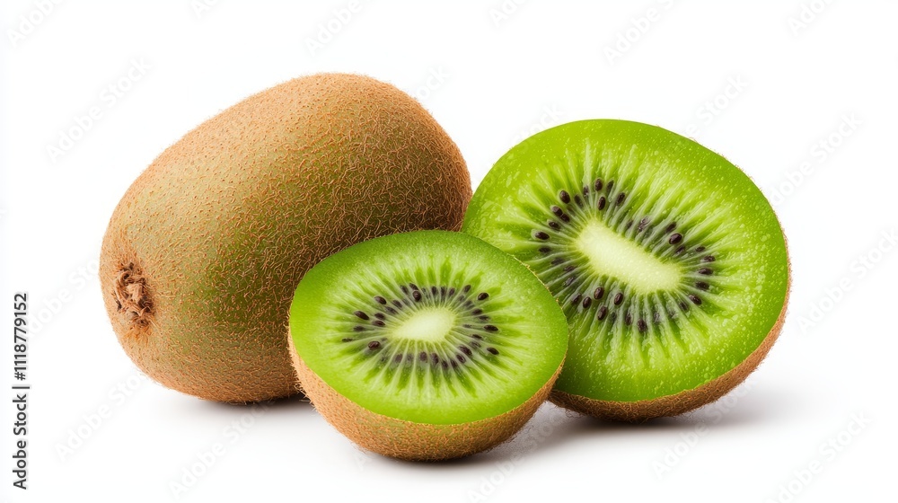 Whole kiwi fruit with a sliced piece beside it, showcasing the fuzzy brown skin and bright green interior with seeds, isolated on a white background Whole kiwi fruit with a sliced piece beside it, showcasing the fuzzy brown skin and bright green interior with seeds, isolated on a white background