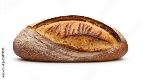 rustic bread loaf, crusty golden-brown exterior, dynamic side angle, intricate details, isolated on white background