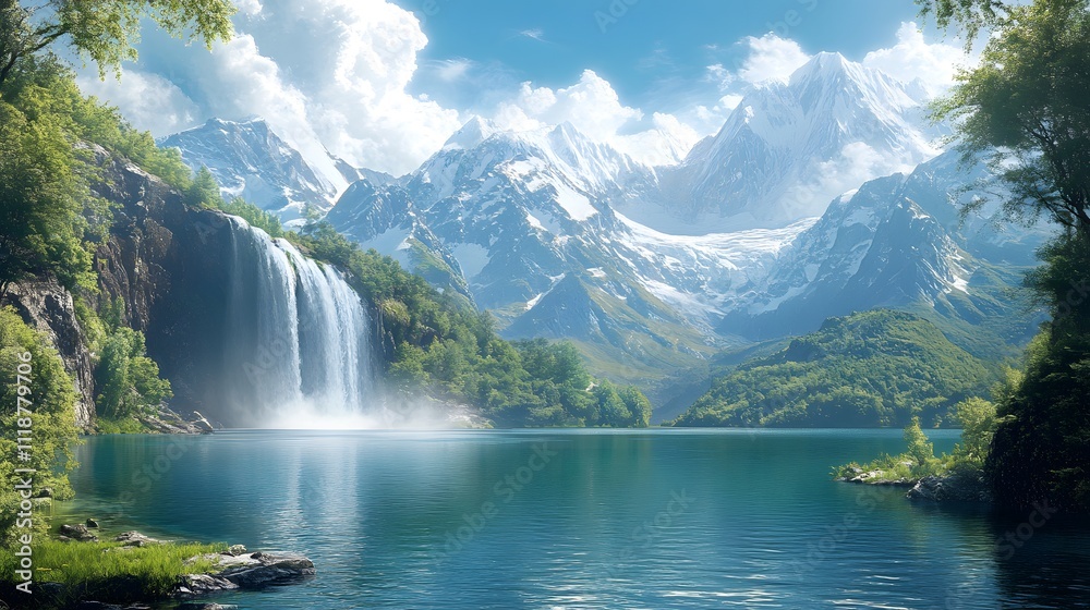 Naklejka premium Magical landscape featuring a waterfall cascading from the sky into a crystal-clear pool surrounded by serene natural beauty.