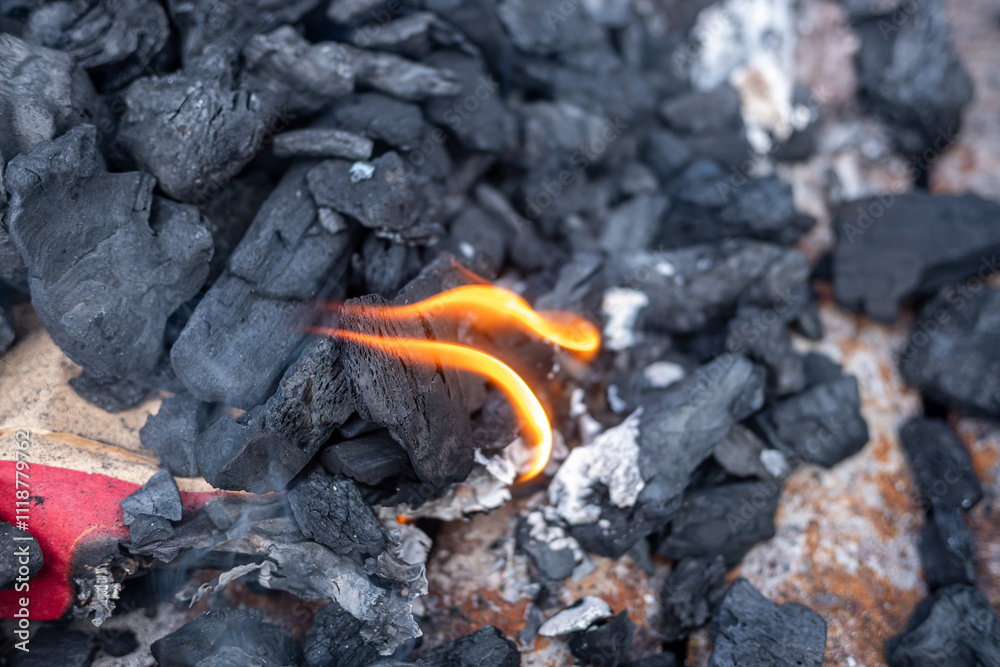 flame in carbon charcoal burning on a grill before cooking the meal flame in carbon charcoal burning on a grill before cooking the meal