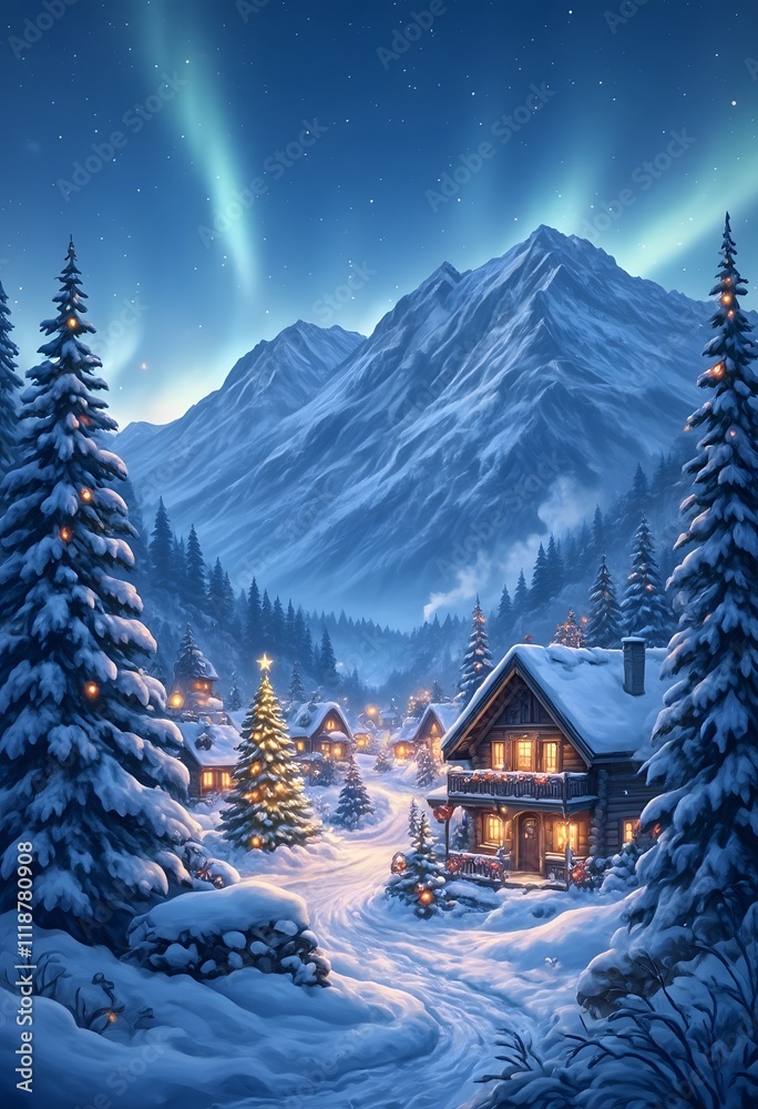Snowy winter in a cosy mountain village on Christmas night.
