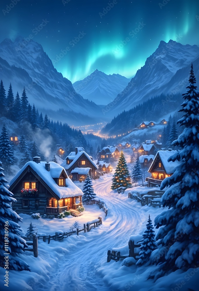 Fototapeta premium Snowy winter in a cosy mountain village on Christmas night.