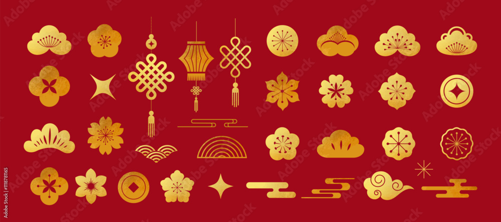 Φωτογραφία Gold Chinese, Asian abstract colorful elements, flowers, lucky coins, Chinese lanterns, background for Chinese New Year, Mid-Autumn Festival and other Chinese holidays