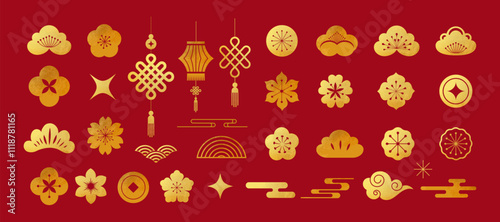 Gold Chinese, Asian abstract colorful elements, flowers, lucky coins, Chinese lanterns, background for Chinese New Year, Mid-Autumn Festival and other Chinese holidays. Vector design and illustration