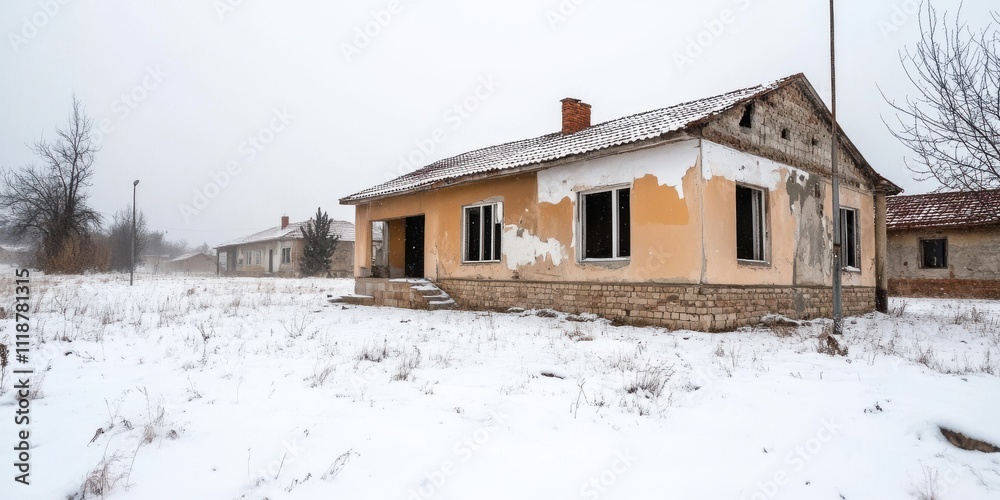 A hauntingly abandoned house sits in a snow-covered field, exuding an eerie silence and whispering tales of its past inhabitants. A hauntingly abandoned house sits in a snow-covered field, exuding an eerie silence and whispering tales of its past inhabitants.