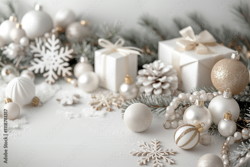 A white Christmas tree with many ornaments and a white box in the background A white Christmas tree with many ornaments and a white box in the background
