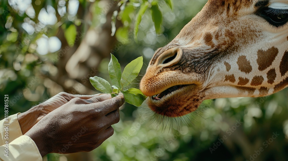 Keeper feeds giraffe with leafy branches in a vibrant zoo enclosure surrounded by lush greenery Keeper feeds giraffe with leafy branches in a vibrant zoo enclosure surrounded by lush greenery