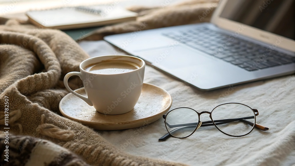 Coffee and Laptop in Cozy Setting Coffee and Laptop in Cozy Setting
