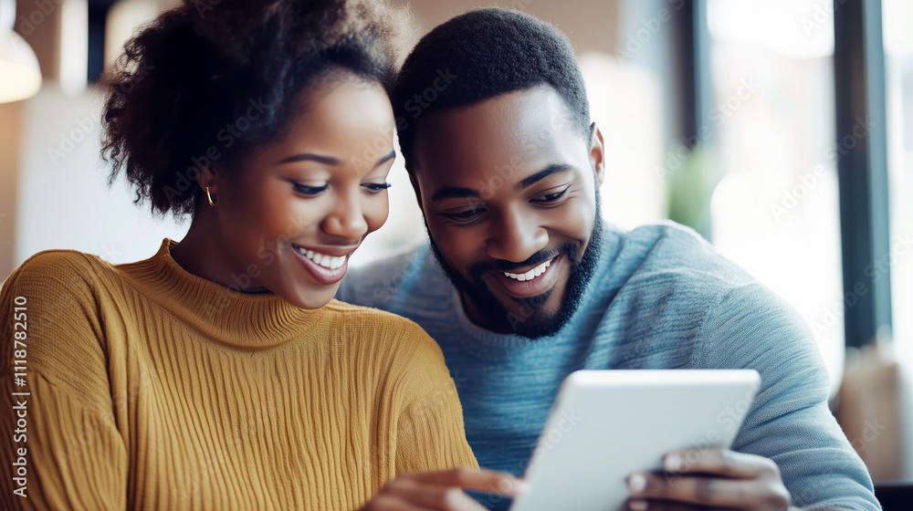 Fototapeta premium Happy african couple enjoying tablet together in cozy home setting