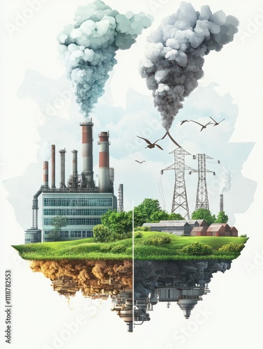 Raster illustration of evolution from industrial pollution to clean energy. Greening of the world banner. Traditional and alternative natural electricity resources. Development green technology photo