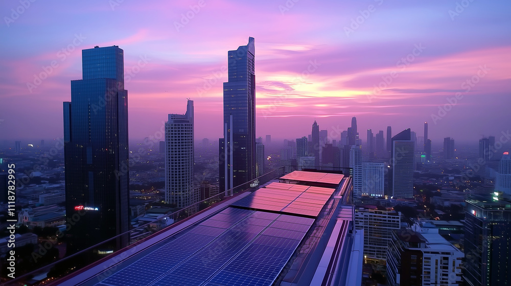 Naklejka premium Sunset over urban skyline with solar panels on rooftop