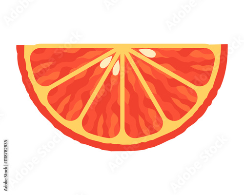 Half slice of orange fruit with vibrant pulp texture and seeds. Citrus food and healthy diet concept for design and print.