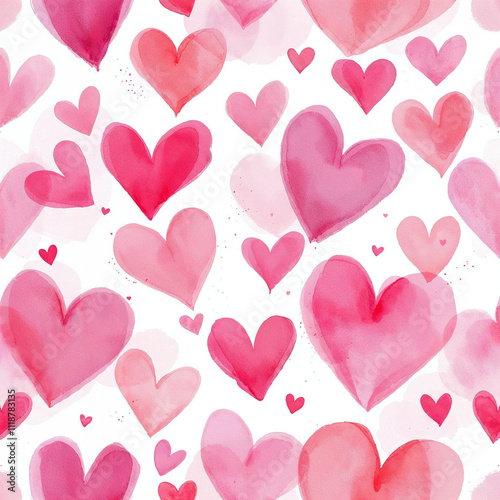 Watercolor seamless pattern with red hearts on white background