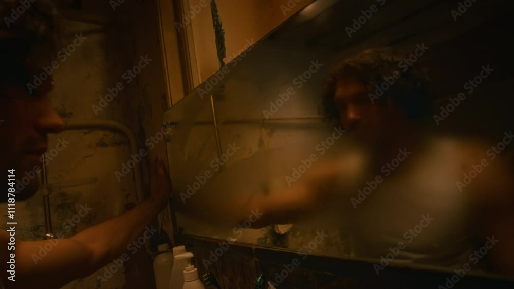 Side lowkey shot of bearded Caucasian man in undershirt wiping matted glass in bathroom and looking at reflection, depersonalization-derealization disorder Side lowkey shot of bearded Caucasian man in undershirt wiping matted glass in bathroom and looking at reflection, depersonalization-derealization disorder