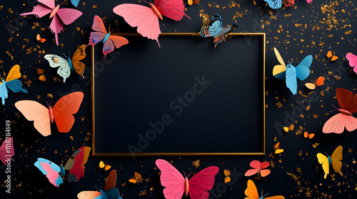 un fondo negro con un porta retrato o marco vacio con espacio de copia con decoraciones de mariposas de colores mariposas de papel con desteellos de colores para invitacion o diseño de plantilla photo