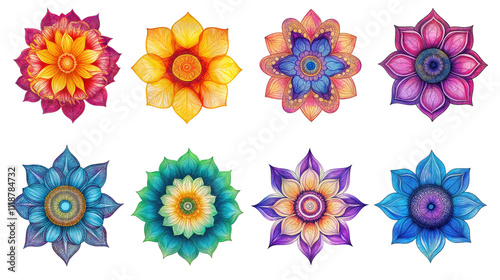 Vibrant Collection of Eight Intricate Floral Mandalas Showcasing Diverse Colors and Patterns in a Symmetrical Arrangement