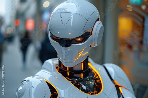 modern humanoid robot standing against the backdrop of a city street.   photo