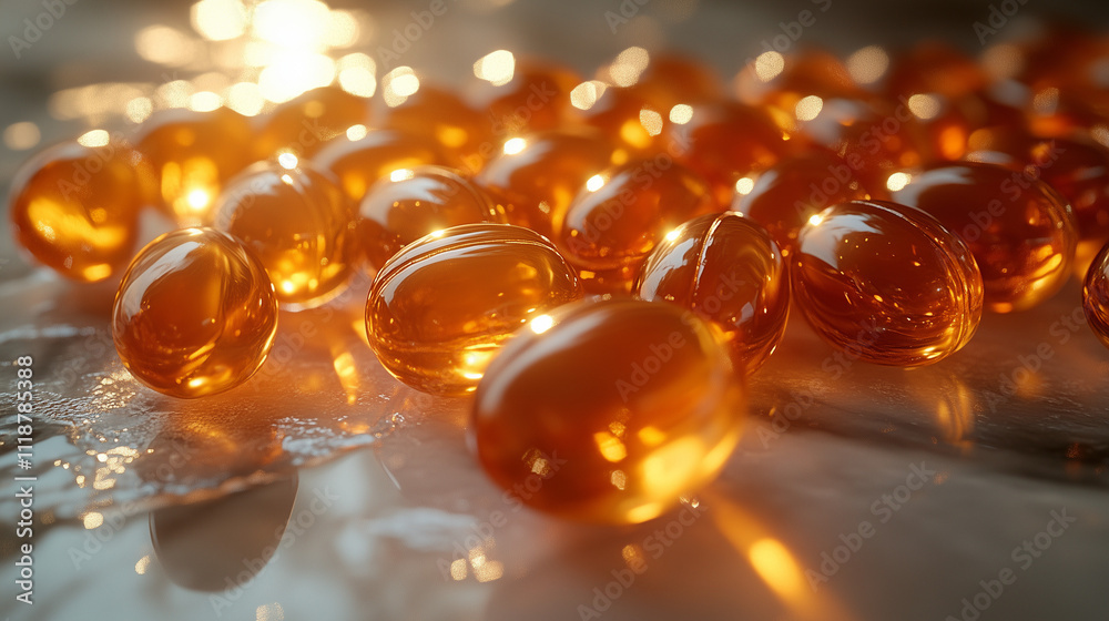 Close-up of sparkling amber vitamin D gummies on a reflective surface, vibrant and healthy composition Close-up of sparkling amber vitamin D gummies on a reflective surface, vibrant and healthy composition
