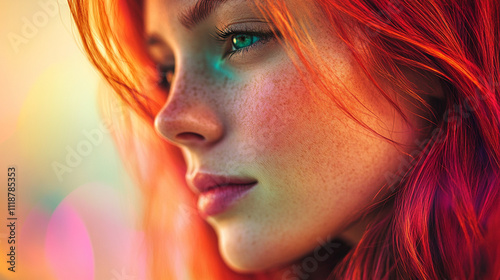 Woman with red hair and green eyes. She has a green eye shadow on her eyes. She has a red nose and lips